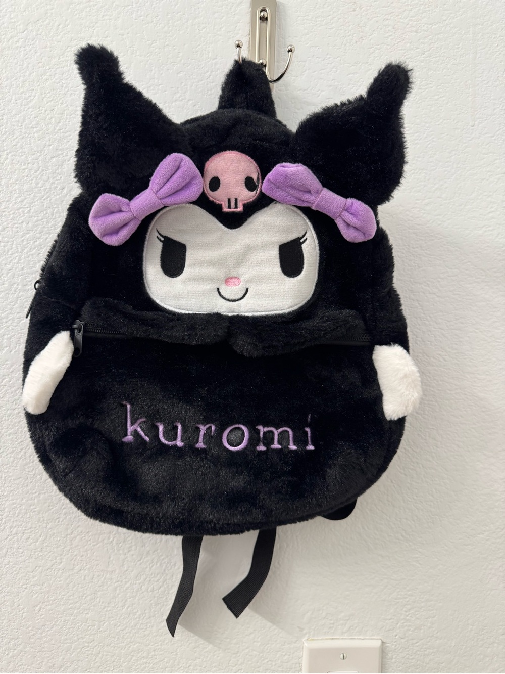 Kuromi backpack bag black faux fur zipper new
